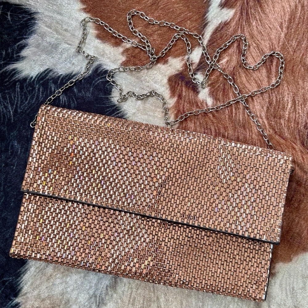 Natasha Glass Stone Shimmery Gold Tone Clutch Crossbody Chain Purse Evening Bag